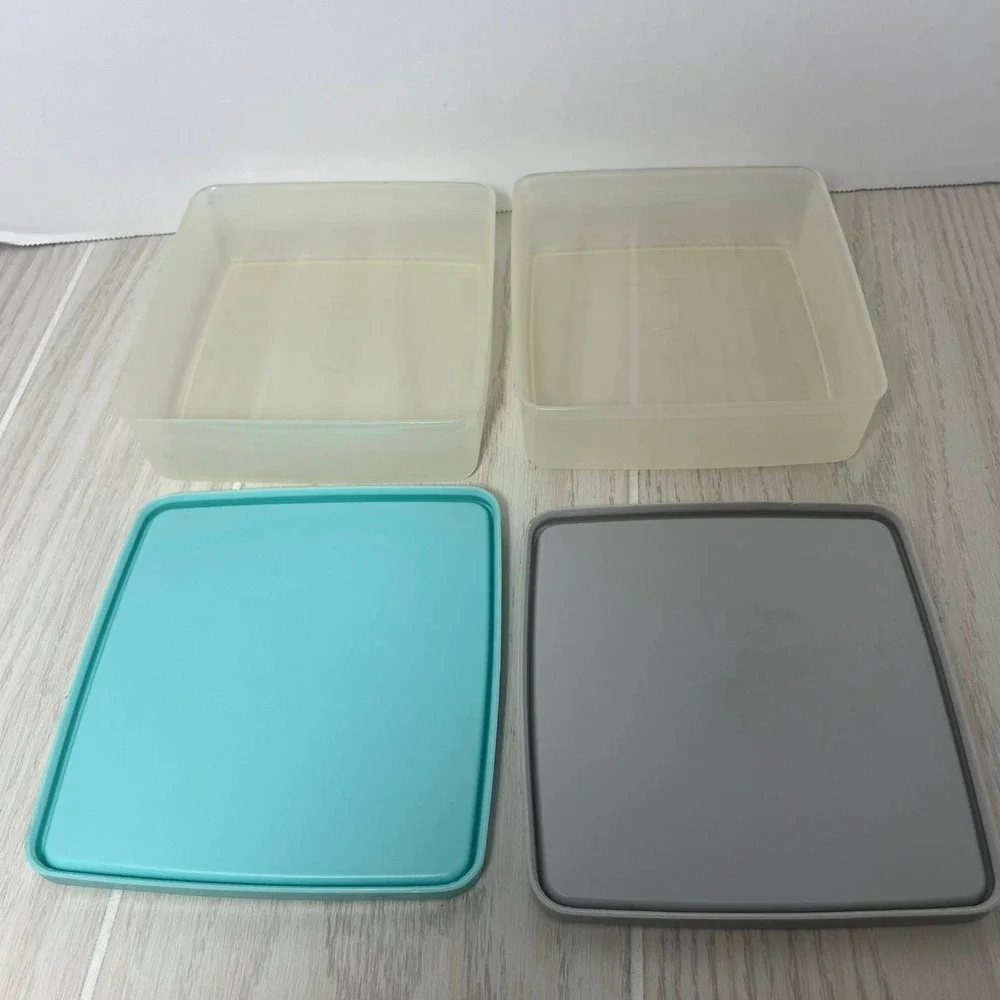 Tupperware Vintage 2 Square A Way Containers Set Clear Teal Gray Lids 670 671